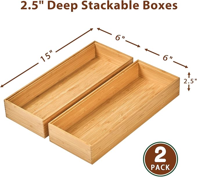 Bamboo Kitchen Drawer Organizer Boxes with Anti-Skid Silicone Feet, 2pcs Stackable Storage Bins for Kitchen Utensils & Silverware & Desk Drawer & Makeup, Tools Holder, 15”L x 6”W x 2.5”D Each