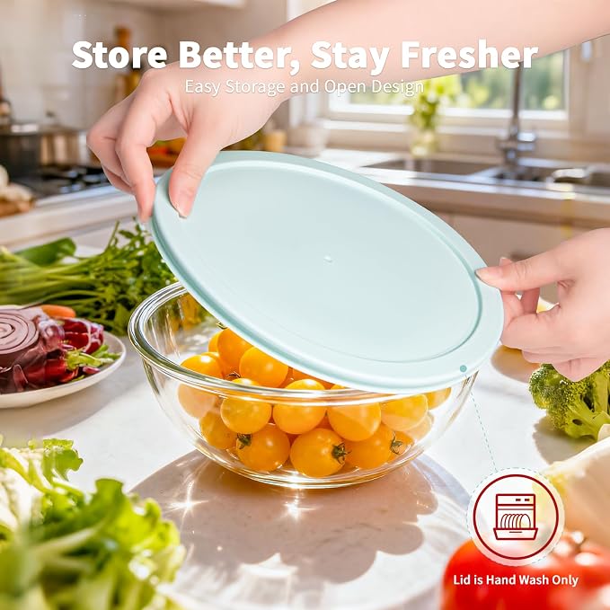 WhiteRhino Glass Mixing Bowl with Lids Set of 5, 0.2, 0.5, 1.1, 2.1, 3.75 QT, Large Salad Bowls with BPA-Free Lids, Space-Saving Nesting Bowls for Kitchen Food Storage, Glass bowl for Cooking, Baking
