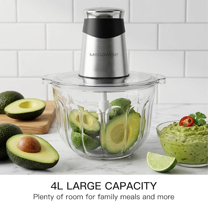 MEGAWISE Electric Food Processor, 1000W Meat Grinder & Vegetable Chopper with 4L Thick Glass Bowl, 4 Blades and Dual-Speed Food Chopper for Meat, Vegetables, Fruits, Nuts, and Baby Food