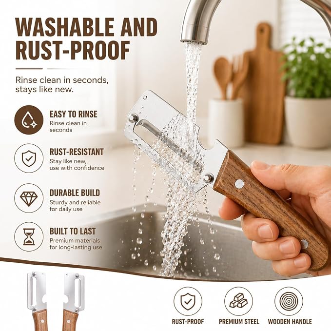 2-Pack Vegetable Peeler with Bottle Opener, Heavy-Duty Thick Stainless Steel Blade, Durable Kitchen Peeler with Wooden Handle for Potatoes, Carrots & Fruits