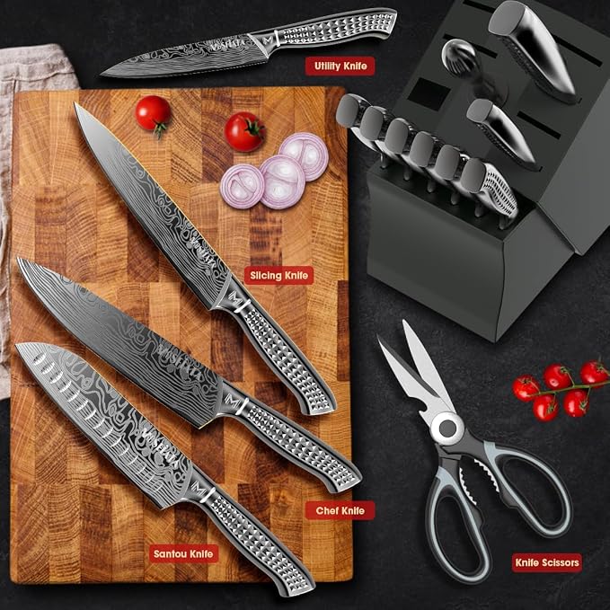 MOSFiATA Kitchen Knife Set, 17 Pcs Japanese Stainless Steel Knife Sets for Kitchen with Block with Knife Sharpening Rod, Dishwasher Safe, Titanium Plated Knife Block Set (Gray)