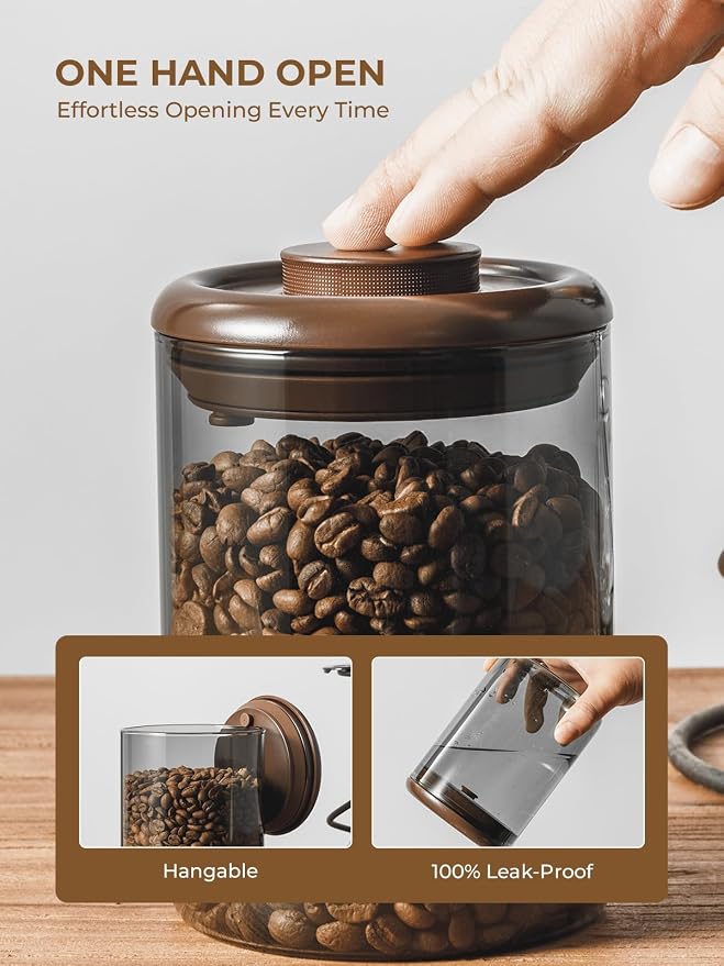 Airtight Coffee Canister, 13oz Brown Glass Jar with Pop-Top Lid | One-Way CO2 Valve Helps Store Ground Coffee, Whole Beans and Espresso in a Compact Jar for Home Coffee Bars and Daily Brewing