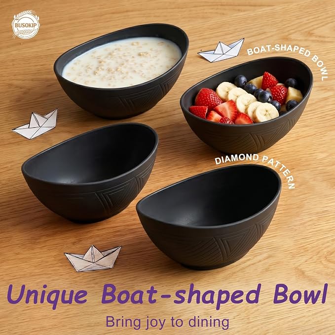 Cereal Bowls Sets of 6, Unbreakable & Lightweight Wheat Straw Bowls 26oz, Alternative to Plastic Bowl for Soup, Fruit, Salad, Microwavable Bowl for Kitchen, Camping, RV, Party - Black