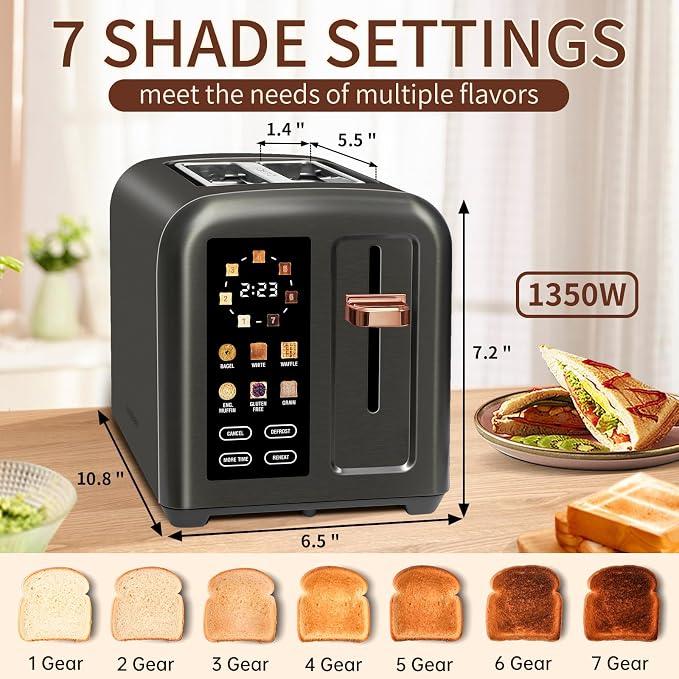 SEEDEEM Touchscreen Toaster 2 Slice, 7 Shade, Stainless, 1350W Dark Metallic