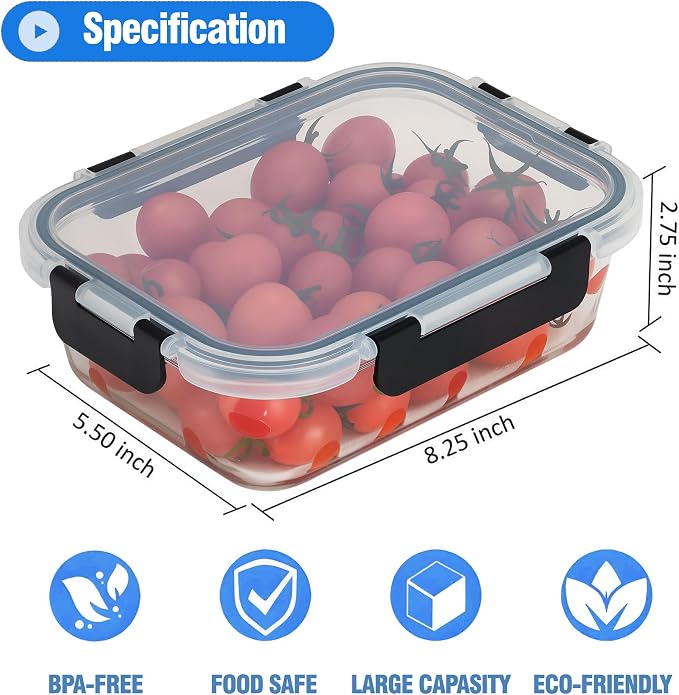 5-Piece Set, 36 oz Glass Food Storage Containers with Lids,Black | Glass Meal Prep Food Container Sets, Snap Airtight Lid, For Microwave, Oven, Freezer and Dishwasher, BPA Free