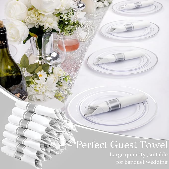 30 Pack Pre Rolled Silver Plastic Silverware, Linen Napkin Set | Heavy Duty Disposable Wrapped Flatware Cutlery Set for Business Banquets, Weddings, Thanksgiving Christmas