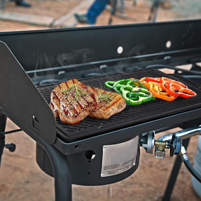 GGC Cast Iron Reversible Griddle | Double-sided Griddle Pan for Stove Tops and Gas Grills, 17"x 9" Rectangle Griddle Plate with Flat and Ribbed Side for Cooking