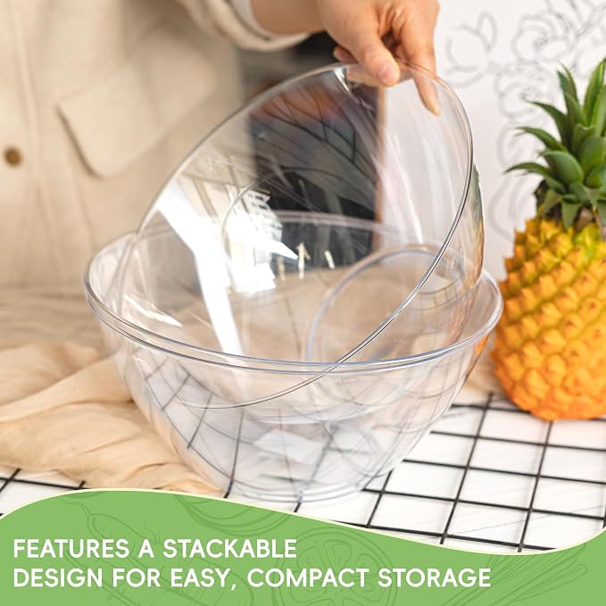 HOMIP 8PCS 160oz Clear Plastic Serving Bowls, Large Round Punch Bowls | for Fruits, Popcorn, Chips, Dips, Condiments, Durable Disposable Serving Bowl for Events and Buffets