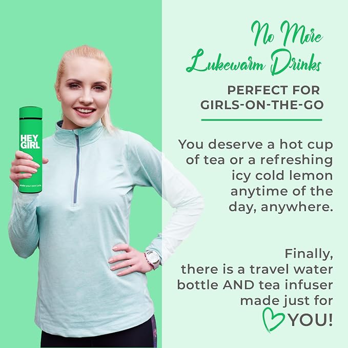 Hey Girl Tea Infuser Bottle 450ml - Insulated Stainless Steel Water Bottle - Tea Tumbler with Tea Diffuser - Portable Travel Mug for Loose Leaf Tea & Infused Water - Tea Lovers Gifts for Women