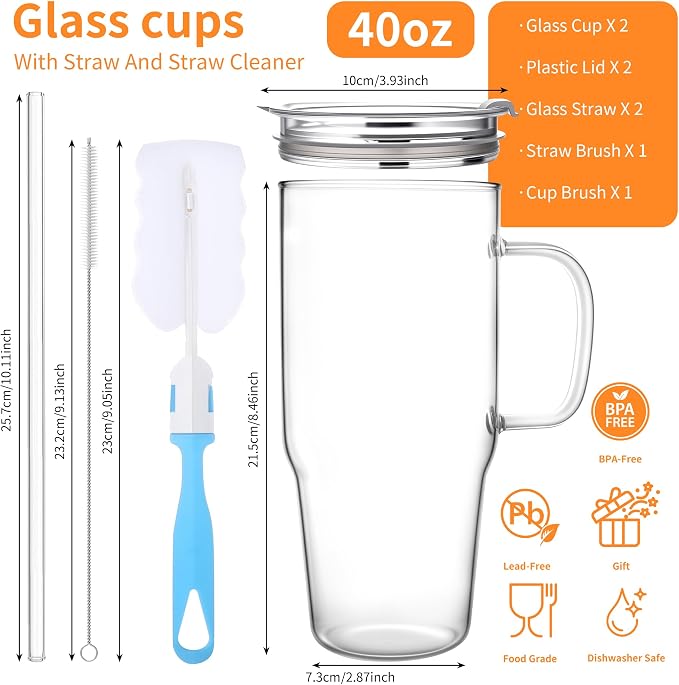 Birity 40OZ Borosilicate Glass Tumbler with Handle,Glass Cup with Lid and Straw-Reusable Iced Coffee Cup with Lid for Boba, Smoothies,Beer,Juice|Suitable for Gifts,Travel,Outdoor,Partys&Home