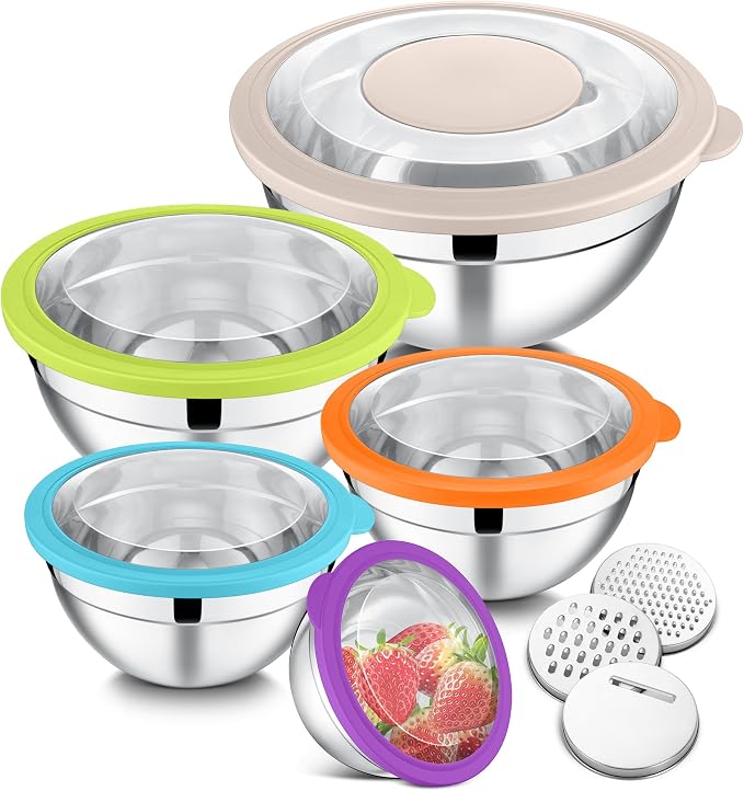 E-far Mixing Bowls with Lids Set of 5, Stainless Steel Salad Mixing Bowl with Transparent Lid, Metal Nesting Storage with 3 Graters for Kitchen Prepping/Serving/Baking, 4.6/2.6/1.5/1/0.7 QT - Colorful