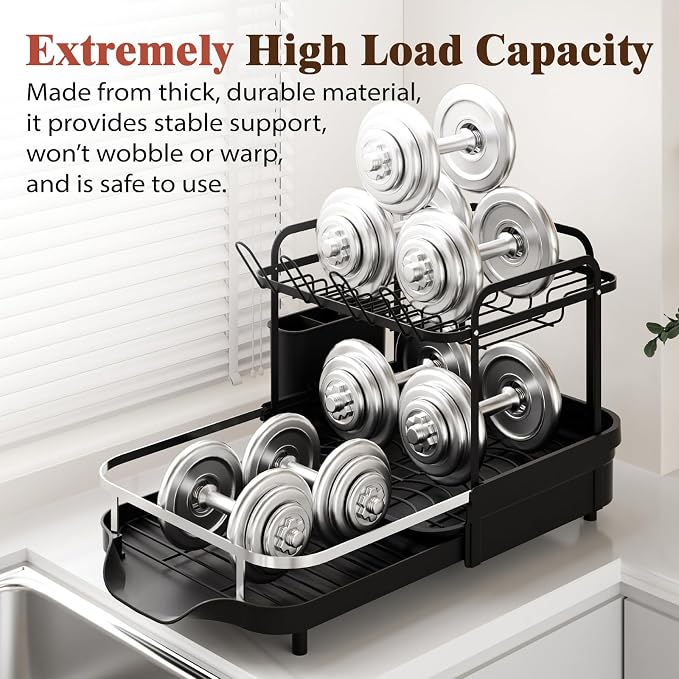 2 Tier Dish Drying Rack, Expandable Stainless Steel Dish Drainer for Kitchen Counter, Rustproof Auto Draining Drainboard, Raised Guardrail, Detachable Utensil Holder, Space Saving Kitchen Organizer