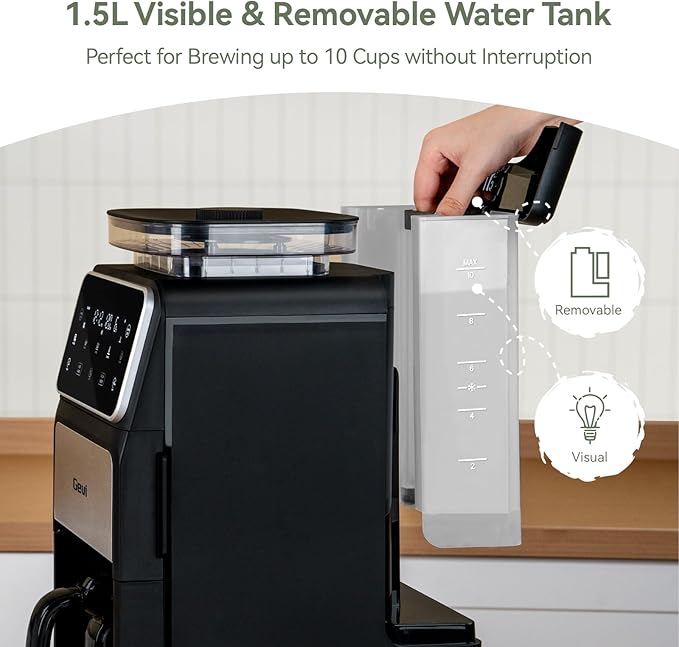 Gevi 10-Cup Grind & Brew Drip Coffee Maker with Built-In Burr Grinder | 24-Hour Programmable Timer, Touch Screen Control, 4-Hour Warm Plate, Permanent Filter with Original Glass Coffee Carafe