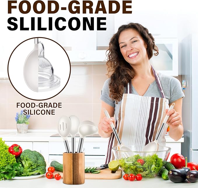 3Pcs Silicone Cooking Spoon Set, Kitchen Utensils Include Solid & Slotted Spoon, Soup Ladle, Food-Grade Heat Resistant 446°F, Non-Scratch Spoons for Serving, Stirring, Draining, Dishwasher Safe, Beige