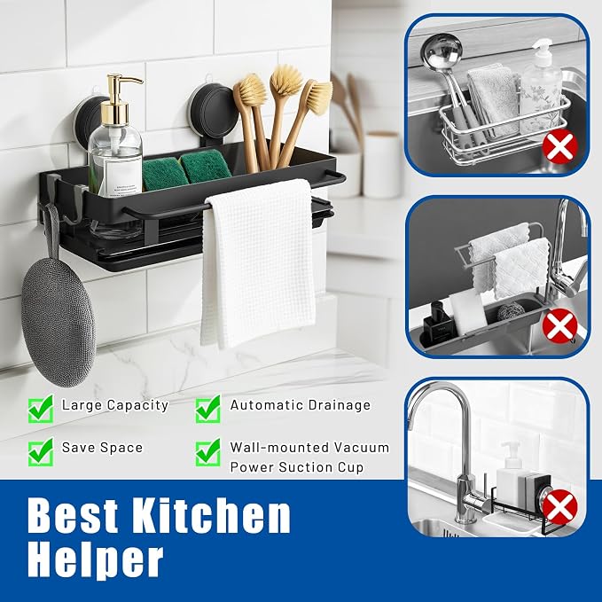 Sponge Holder for Kitchen Sink, Suction Cup Sink Caddy with Tray | Designed for smooth kitchen sink surfaces to organize sponges, brushes, soap and towels while opening up counter space