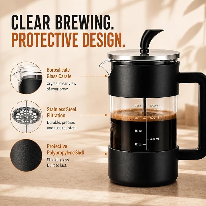 French Press Coffee Maker, 34 oz / 1000 ml Glass Coffee Press with 3-Level Stainless Steel Filter, Easy-Read Measurements, Protective Outer Shell and Ergonomic Handle, Black