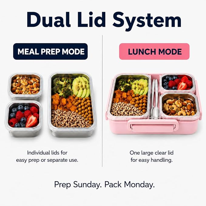kinsho BIG Bento Lunch Box & Bag, Stainless Steel - Adults Teens Kids Pink | Holds 5 Cups in 3 Removable Metal Containers, Silicone Seals, Bonus Lids, Insulated, Utensils, Leakproof for Work School Food