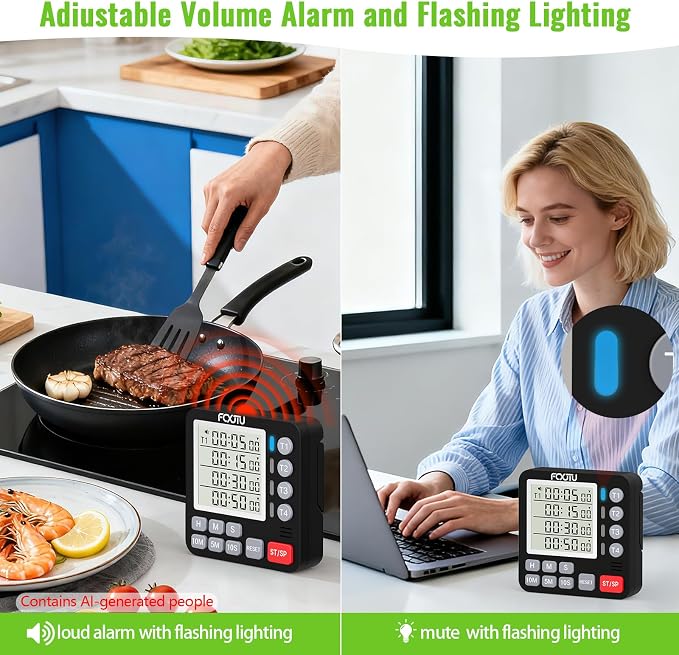 Digital Dual Kitchen Timer, 4-Channel Magnetic Countdown Timer for Cooking | Multi Groups Countup Timer, Memory Presets,On/Off,Large Display, Loud Alarm, Mute, LED Alert, 3A Battery & Stand Included