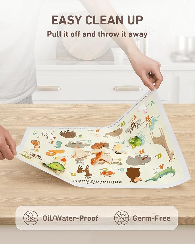 Babebay Disposable Placemats for Baby, 60 Pack Sticky Toddler Placemat for Restaurants, Dining Table, Party, Travel, 12" x 18" with 3 Designs