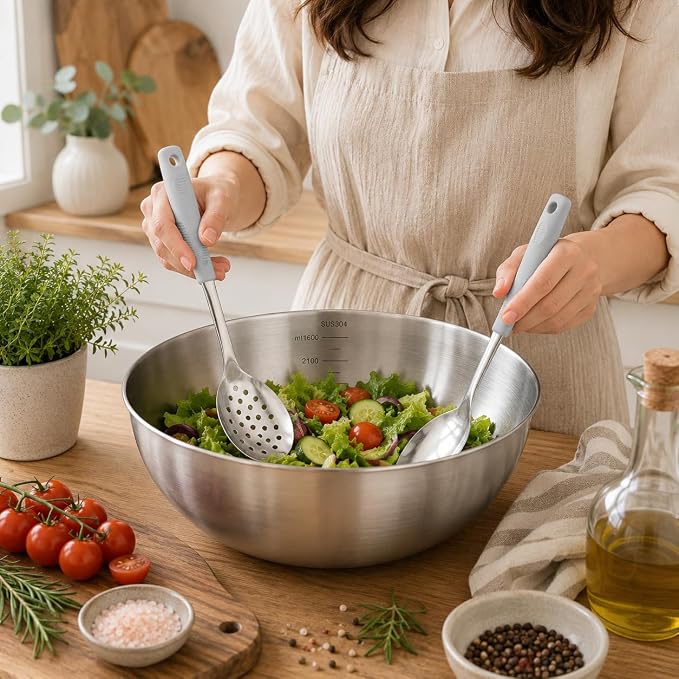Serving Spoon Set with Silicone Handles,2-Piece spoon | Stainless Steel Serving Spoon, Slotted Spoon & Soup Ladle Set for Buffet and Home Kitchen