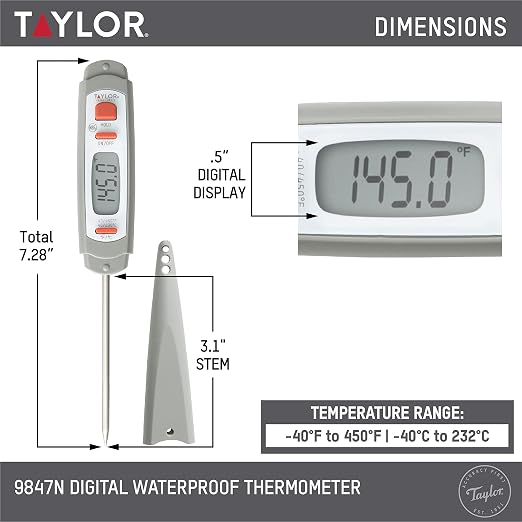Taylor 9847 Waterproof Digital Instant Read Meat Food Grill BBQ Kitchen Cooking Thermometer, Comes with Sleeve Extender and Lanyard