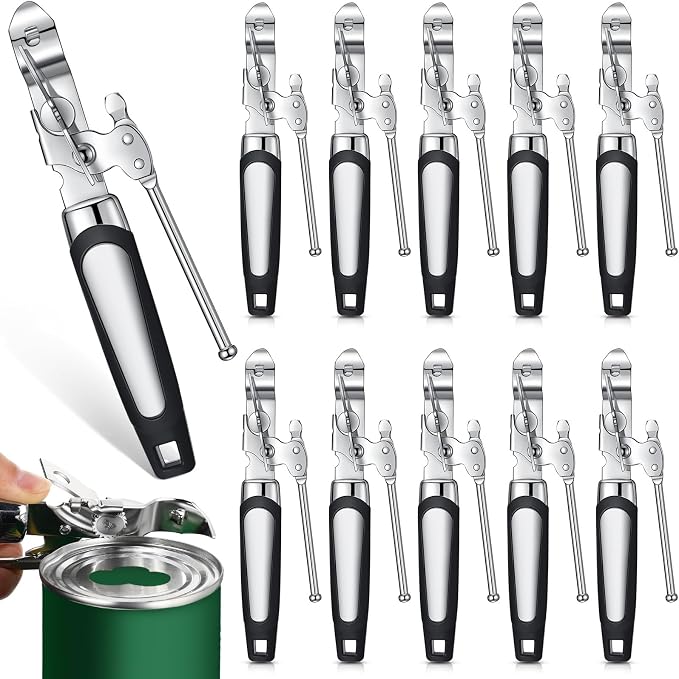 Gisafai 10 Pcs Can Opener Manual Bulk Smooth Edge with Sharp Blade and Soft Non Slip Grip Handle Heavy Duty Handheld Safety Can Opener for Kitchen Restaurant, Black and Silver