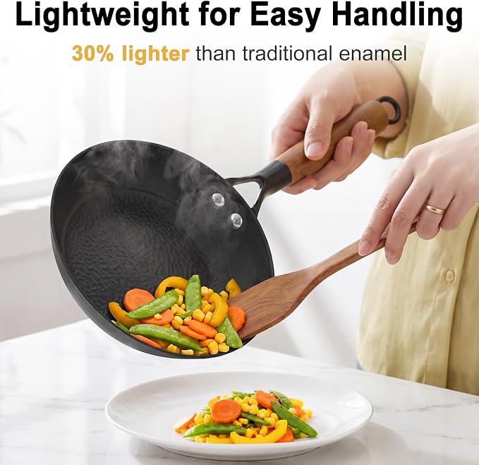 8" Lightweight Titanium Enameled Cast Iron Skillet, Hammered Nonstick Frying Pan with Removable Wood Handle for Eggs, Bacon, Pancakes, Burgers