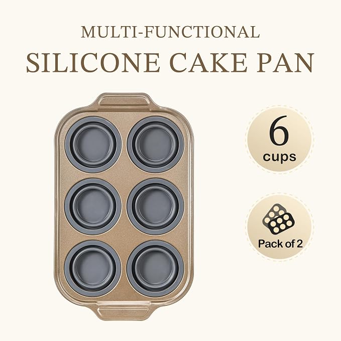 2-Pack Foldable Nonstick Silicone Baking Pans, 6 Cups for Baking Muffins, Egg Bite, Brownies. Easy to pop and clean. Dishwasher Safe BPA Free.
