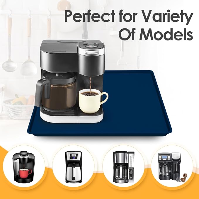 Silicone Coffee Maker Mat with Lip for Countertops, 19.7'' x 15'' Navy Blue | Multi leak-proof coffee tray for countertop, non-slip silicone tray for under coffee machine espresso accessory, wipe-clean
