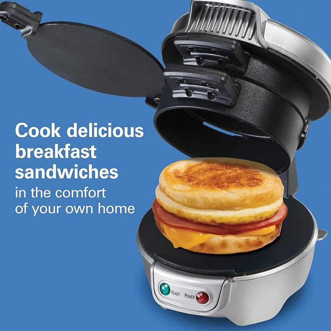 Hamilton Beach Breakfast Sandwich Maker with Egg Cooker Ring | Perfect for English Muffins, Croissants, Mini Waffles | Customizable & Fast | PFAS-Free | Silver | 25475MN