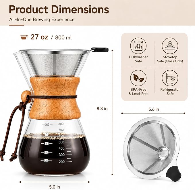 27oz Borosilicate Glass Pour Over Coffee Maker Non Toxic Plastic Free Coffee Maker Home Drip Coffee Maker Coffee Dripper Brewer with Reusable Stainless Steel Filter And Cork Grip