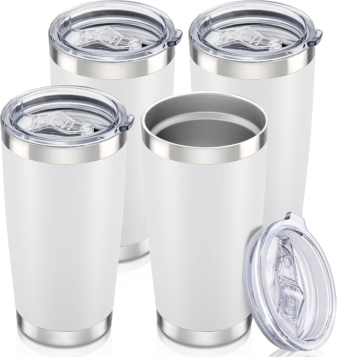 20 oz Tumbler with Lid Stainless Steel Insulated Tumblers Bulk Cups Mug | Double Wall Vacuum, Powder Coated, Keep Drinks Cold and Hot, Waterproof Lid, Fit of Car Cup Holders, White, 4 Pack