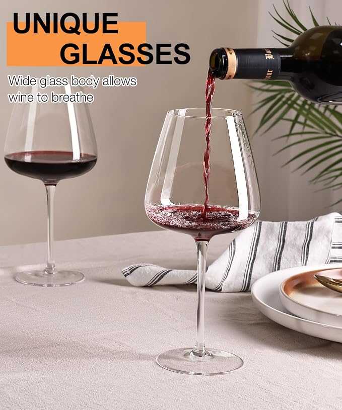 OJA Wine Glasses Set, Crystal Hand Blown Red Wine Glass Set of 4, 23 oz | Long Stem, Unique Large Design, Best for Wine tasting, Birthday, Christmas, Anniversary
