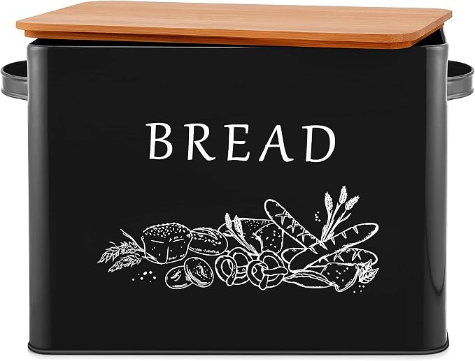 E-far Bread Box for Kitchen Countertop, Metal Bread Storage Container Bin with Bamboo Lid for Cutting Bread, Extra Large & Farmhouse Style, 13” x 7.2” x9.8”, Black