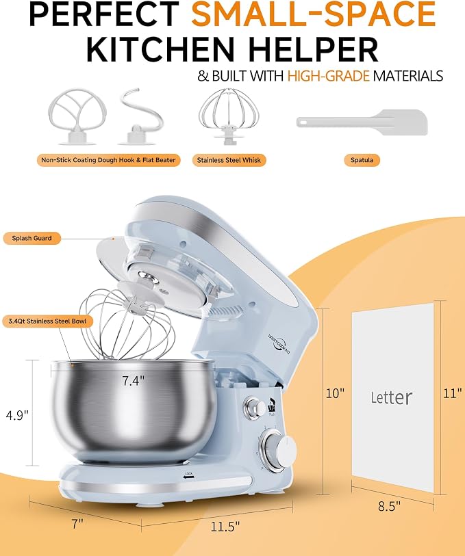 Stand Mixer 3.4QT Kitchen Electric Standing Mixer 6+P Speed 3-In-1 Blue | Household Mixers with Whisk,Dough Hook,Flat Beater&Splash Guard, small for Baking Cheesecake and Bread in Kitchens