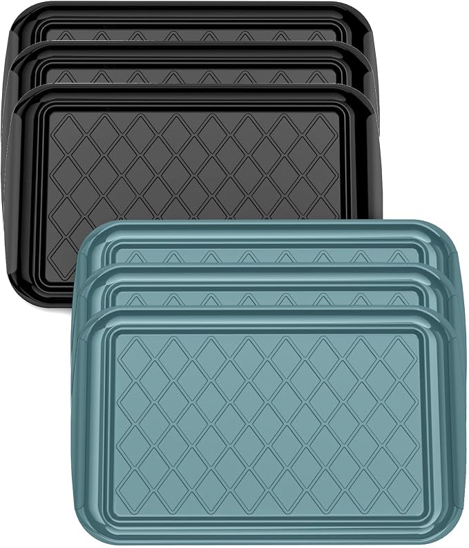 Grilling Prep & Serve Trays for Party Set of 6, Large BBQ Serving Platters | Dishwasher Safe Plastic Trays for Raw and Cooked Food 17"×10.5" Stackable Party Supplies for Grilling, Meal Prep, Green/Black