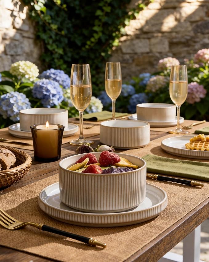 Ceramic Dinnerware Sets for 4, 8-Piece Deep Salad Plates and Cereal Bowls | Famiware Premium Stoneware Dishes, Chip & Scratch Resistant, Microwave & Dishwasher Safe, Everyday Dining, Cappuccino White
