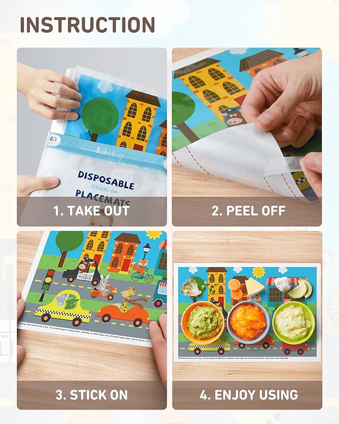 Babebay Disposable Stick-on Placemats 40 Pack for Baby & Kids & Toddler, Sticky Placemats Restaurant Table Mats 12" x 18" (Animals Driving Cars)