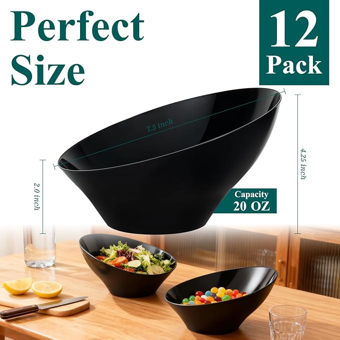 Bestluck 20 Oz Black Plastic Party Bowls, 12 Pack | Disposable Snack Bowls for Chips, Candy, Salad, Snacks & Fruit, Perfect for Parties, Buffets & Everyday Use