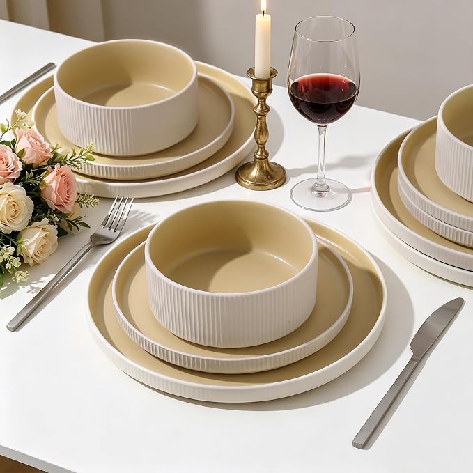 18PCS Ceramic Dinnerware Set for 4,Stoneware Plates and Bowls Sets | Reactive Glaze Dish Set,Scratch Resistant Tableware Set,Reactive Glaze,Microwave & Dishwasher Safe,White Orange