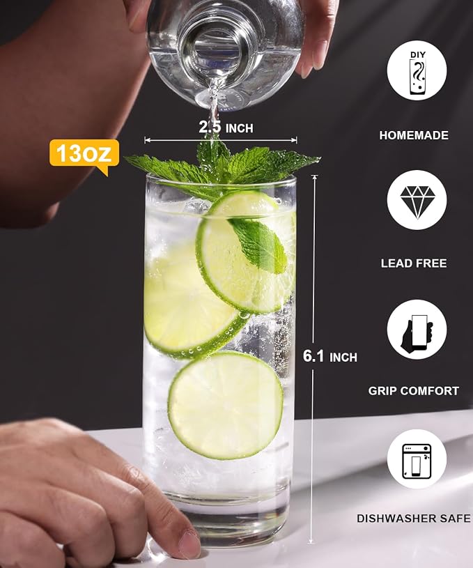 13oz Drinking Glasses Set of 6, Lead-Free Crystal Tall Highball Glassware | Clear tall water highball glasses, smooth rim and thick stable base, thoughtful holiday gift