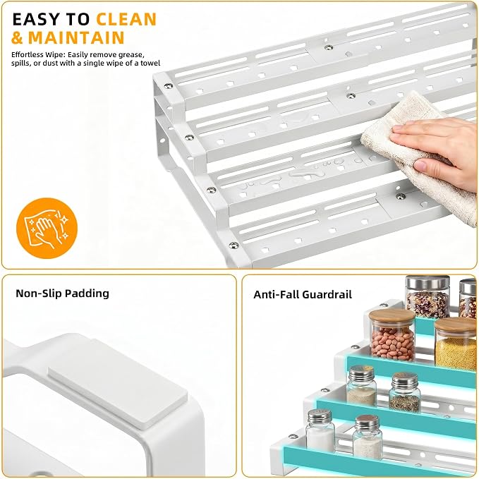 Spice Rack Organizer for Cabinet, 13-21.5" Expandable Spicy Shelf | 11.6" Depth 4-Tier White Metal Seasoning Organizer, Kitchen Spice Organization, Slip-Resistant Guardrails for Jars and Cans