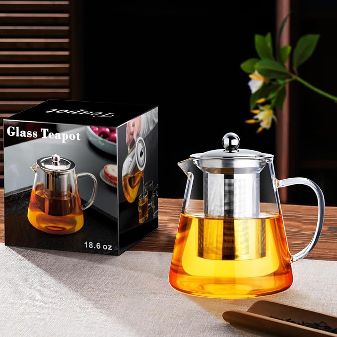 Baalaka Glass Teapot 18.6oz/550ml, Tea Pot with Removable Infusers for Loose Tea, Borosilicate Glass Tea Kettle Tea Maker Stovetop for Camping, Tea Infuser for Loose Leaf Tea Travel (Pack of 2)
