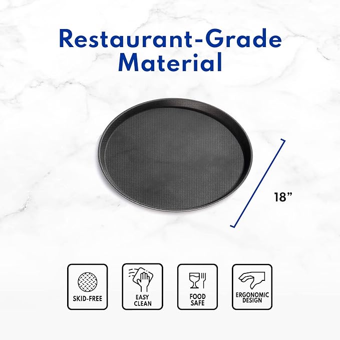 New Star Foodservice Restaurant Grade Non-Slip Serving Tray, 16 Inch Round Black Plastic Tray with Rubber-Lined Surface, Bar, Catering, Restaurant, and Foodservice Tray