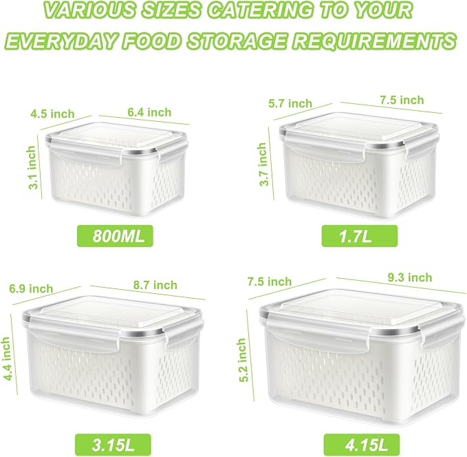 4 Pack Fruit Storage Containers for Fridge Berry Keeper Produce Saver | Airtight Food Container Set with Colander Lettuce Keep Fresh BPA Free Plastic Refrigerator Organizer Freezer Dishwasher Safe