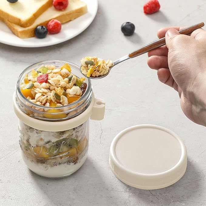 4 Pack Overnight Oats Containers with Lids and Spoons, 16 oz Glass Mason Jars with Airtight Lids, Overnight Oats Jars for Milk, Cereal, Fruit