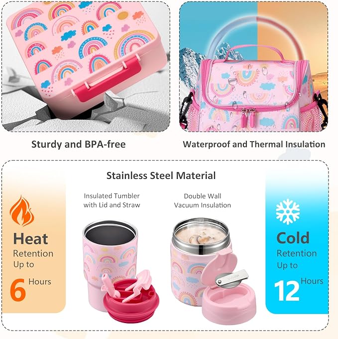 Pawtong Lunch Box Set with Bento Box Container, 17OZ Stainless Steel Food Soup Thermo, Kids Water Bottle & Portable Insulated Lunch Bag – Leakproof, Hot/Cold Retention for School, Travel(Pink-Rainbow)