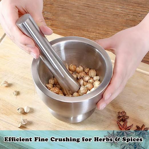 Large Stainless Steel Mortar and Pestle with Lid, Spice Grinder | Big Capacity, Herb Grinder, Seasoning Blender, Pesto Maker, Guacamole Bowl, Kitchen Prep, Daily Use, Easy Cleaning