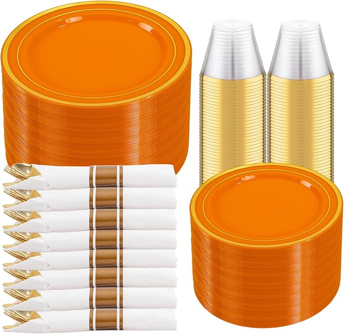 DaYammi 350PCS Orange Gold Plastic Dinnerware Set for 50 Guests, Fancy Disposable Plates for Party, Include: 50 Dinner Plates, 50 Dessert Plates, 50 Pre Rolled Napkins with Gold Silverware, 50 Cups