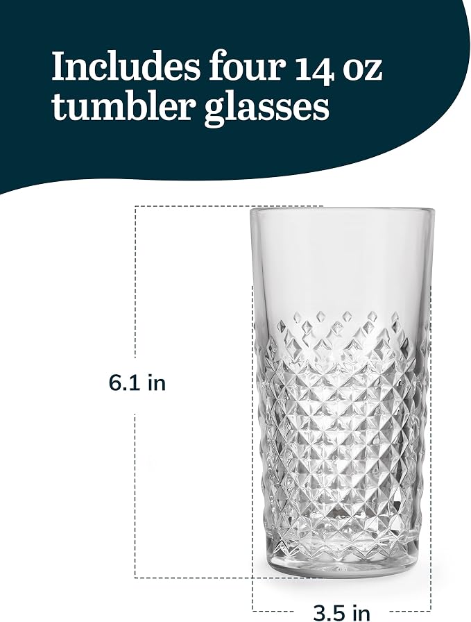 Libbey Carat Tumbler Glasses Set of 4, Faceted 14 oz Drinkware Glasses Set, Dishwasher Safe Tall Drinking Glasses for Cocktails, Soda, and More